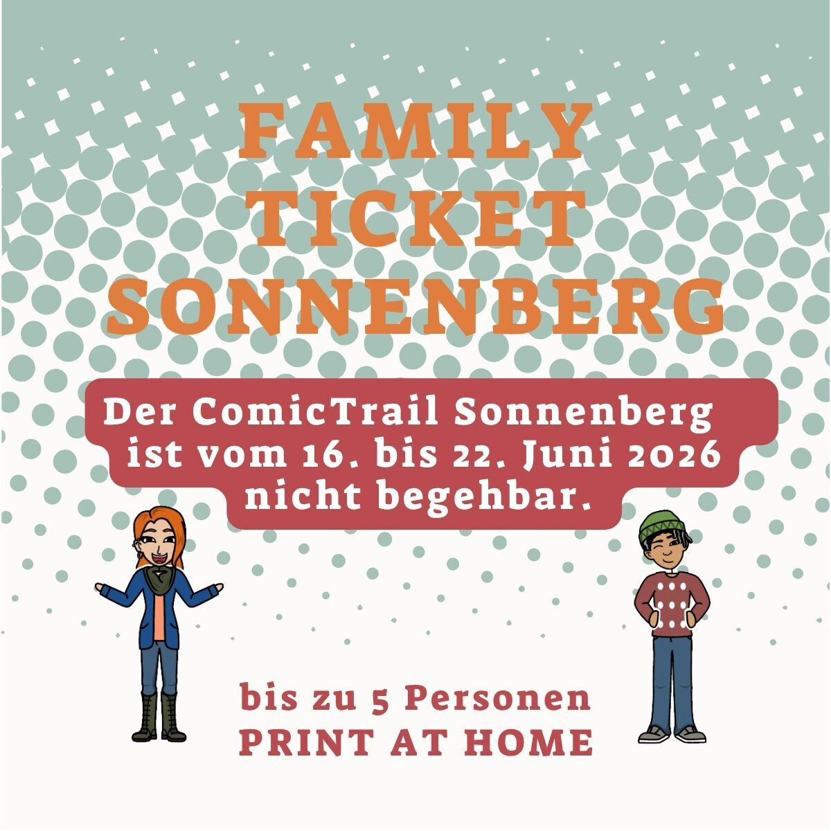 ComicTrail Sonnenberg nicht oder nur sehr eingeschränkt begehbar: 16. - 22. Juni 2026
Grund: B-Sides Festival auf dem Sonnenberg

Der ComicTrail ist nur teilweise zugänglich.